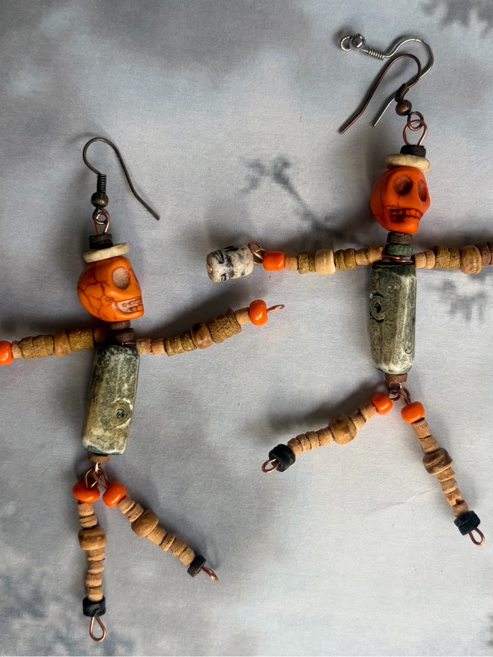 Handcrafted Orange Skull Bead Dangle Earrings — Boho Tribal Style